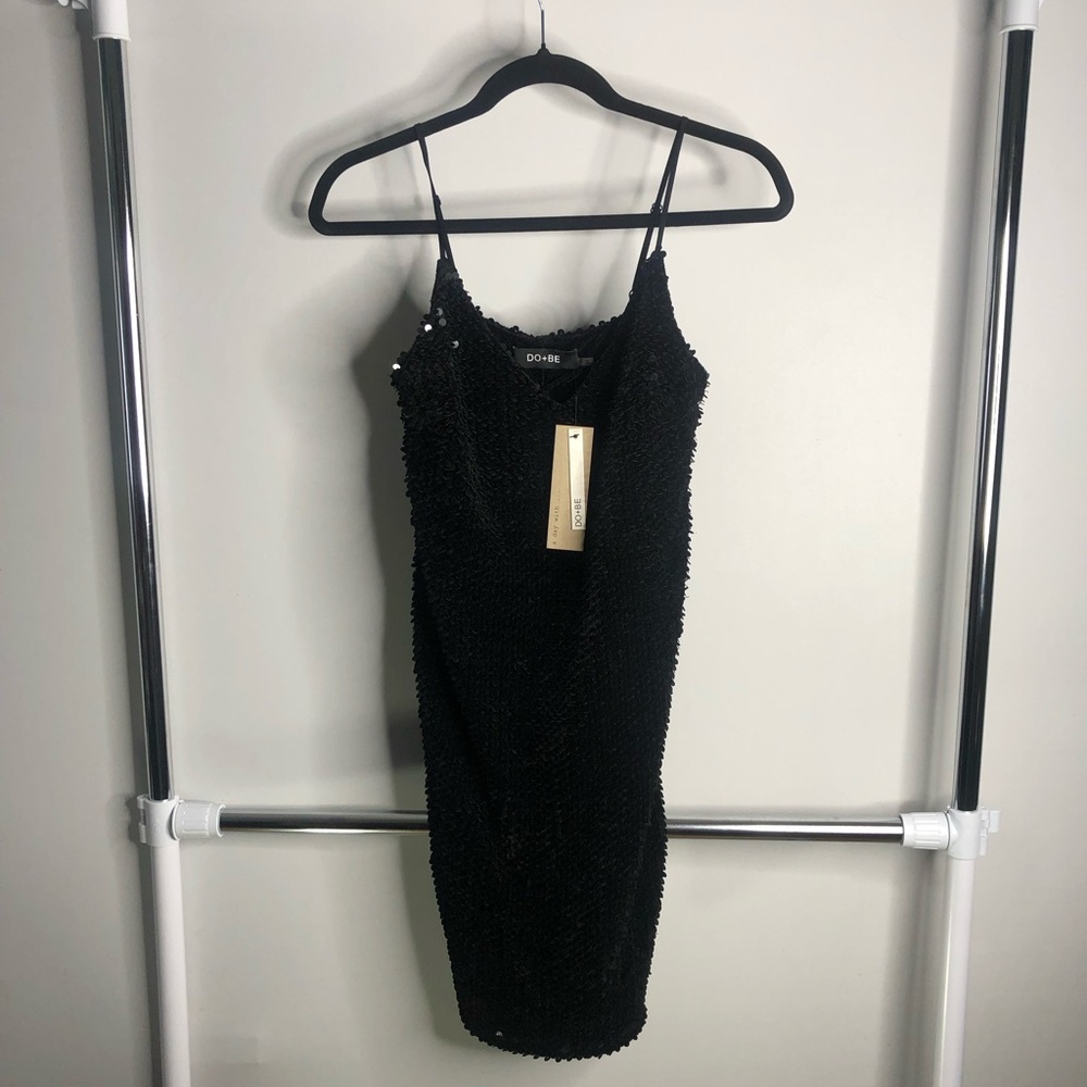 DO+BE Black Sequin Velvet Spaghetti Straps Small Mini Dress